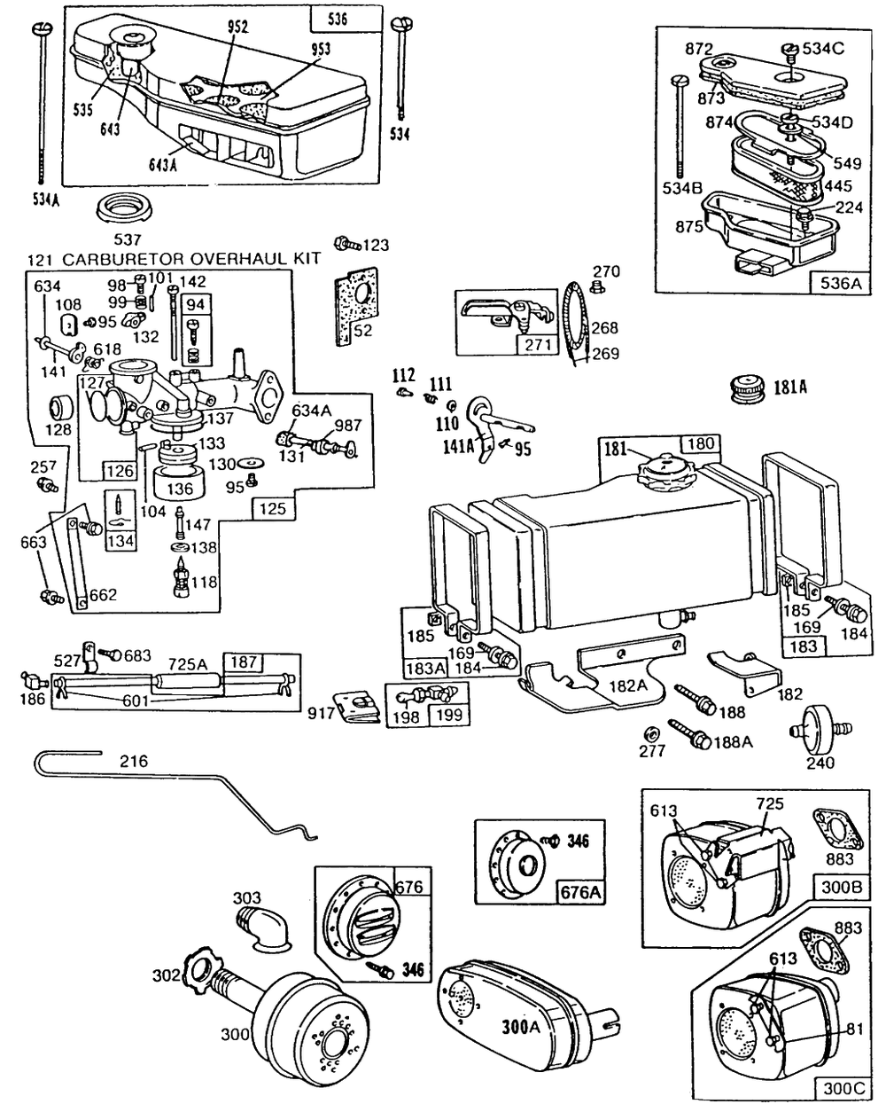 Fueltank,mufflers,carburetor Diagram and Parts List for 220707-0132-XX  Briggs and Stratton Engine